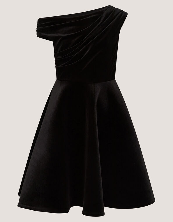 One-Shoulder Velvet Skater Dress, Black (BLACK), large