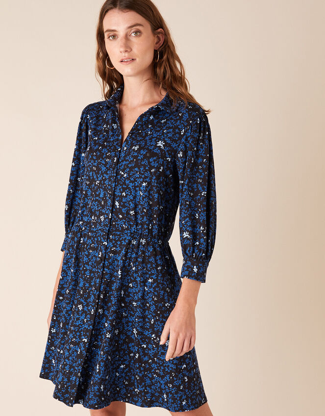 Ditsy Floral Short Jersey Shirt Dress, Black (BLACK), large