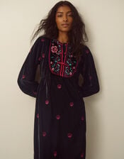 Agnes Long Sleeve Embroidered Velvet Midi Dress, Black (BLACK), large