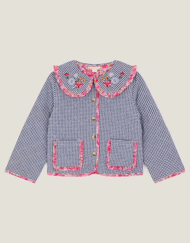 Floral Print Gingham Jacket, Blue (NAVY), large