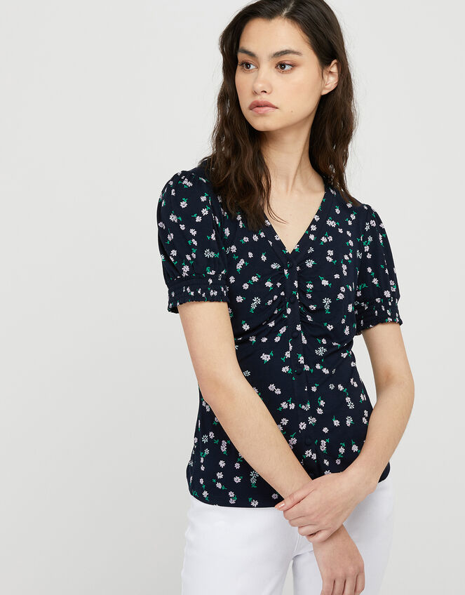 Desree Ditsy Floral Puff Sleeve Top, Blue (NAVY), large