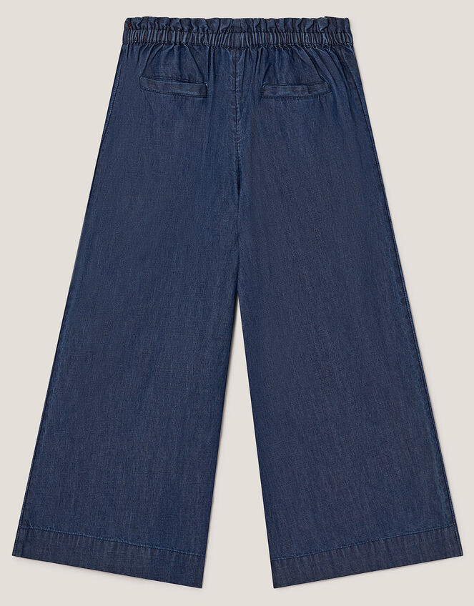 Wide Leg Chambray Crochet Trousers, Blue (BLUE), large