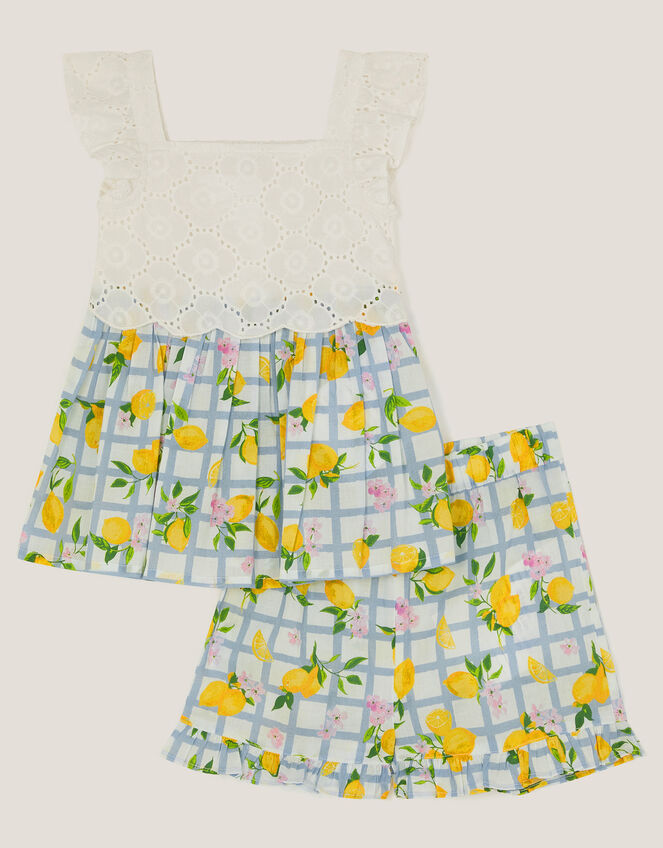 Baby Broderie Top and Lemon Print Shorts Set, Blue (BLUE), large