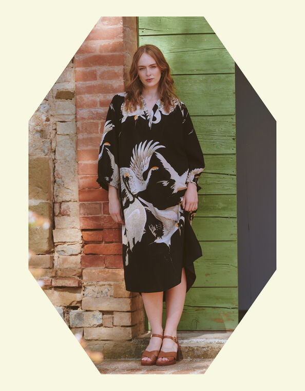 One Hundred Stars Stork Print Midi Dress, Black (BLACK), large