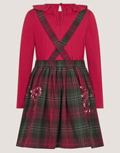 Frill Top & Tartan Pinafore Dress Set, Red (BURGUNDY), large