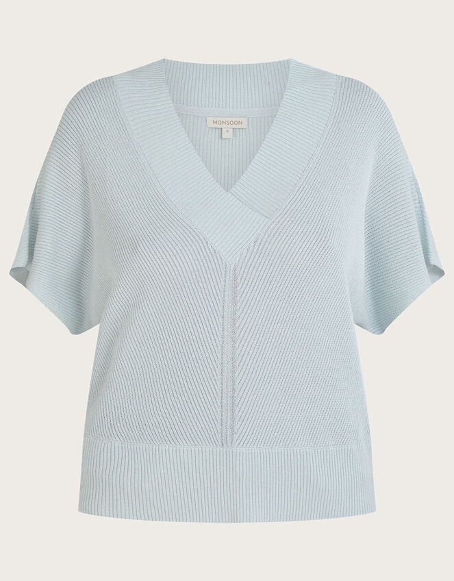 Loose V-Neck Metallic Short Sleeve Jumper, Blue (BLUE), large