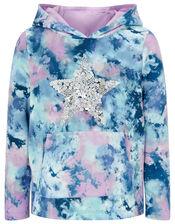 Tie Dye Print Sequin Star Hoodie, Blue (BLUE), large