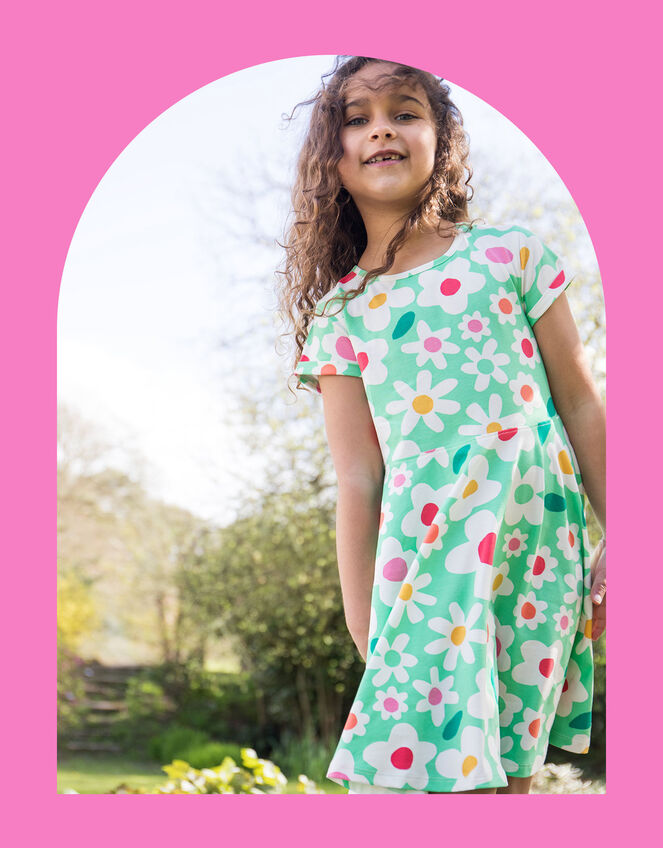 Frugi Spring Printed Skater Dress, Green (GREEN), large