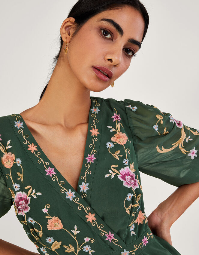 Christel Embroidered Wrap Dress in Recycled Polyester, Green (GREEN), large