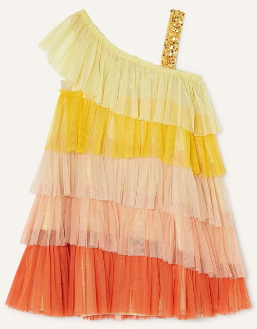Layered One-Shoulder Dress in Recycled Polyester, Orange (ORANGE), large