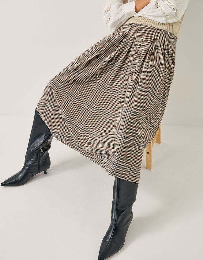 Carmen Check Pleat Midi Skirt, Natural (NATURAL), large