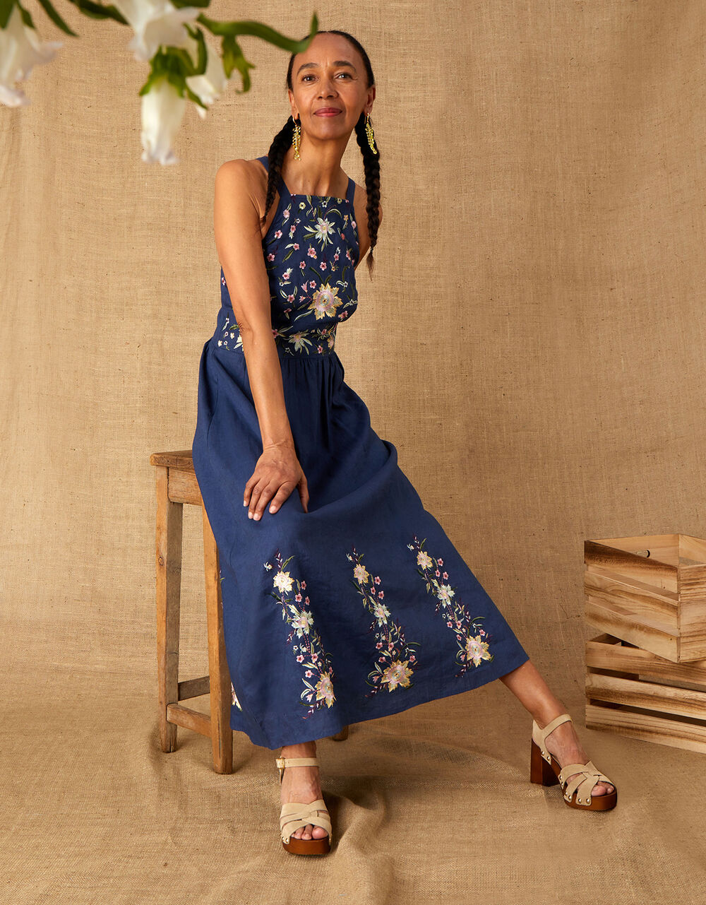 Women Dresses | Leah Embroidered Midi Dress in Linen Blend Blue - MV22609