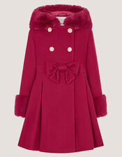 Faux Fur Hood Bow Coat, Red (BURGUNDY), large