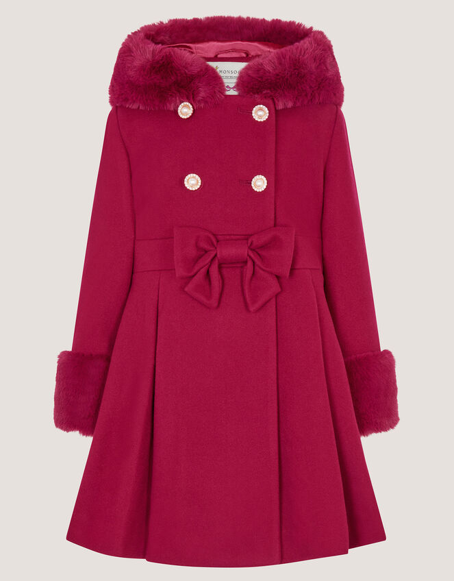 Faux Fur Hood Bow Coat, Red (BURGUNDY), large