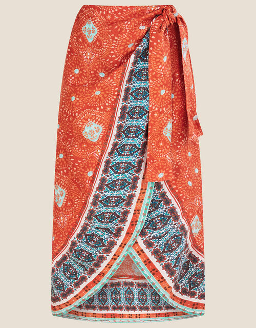 Print Wrap Skirt in Sustainable Linen, Orange (ORANGE), large