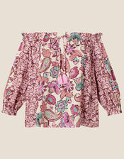 Floral Border Print Bardot Top in LENZING™ ECOVERO™ , Ivory (IVORY), large