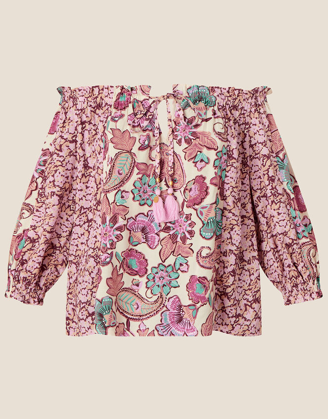 Floral Border Print Bardot Top in LENZING™ ECOVERO™ , Ivory (IVORY), large