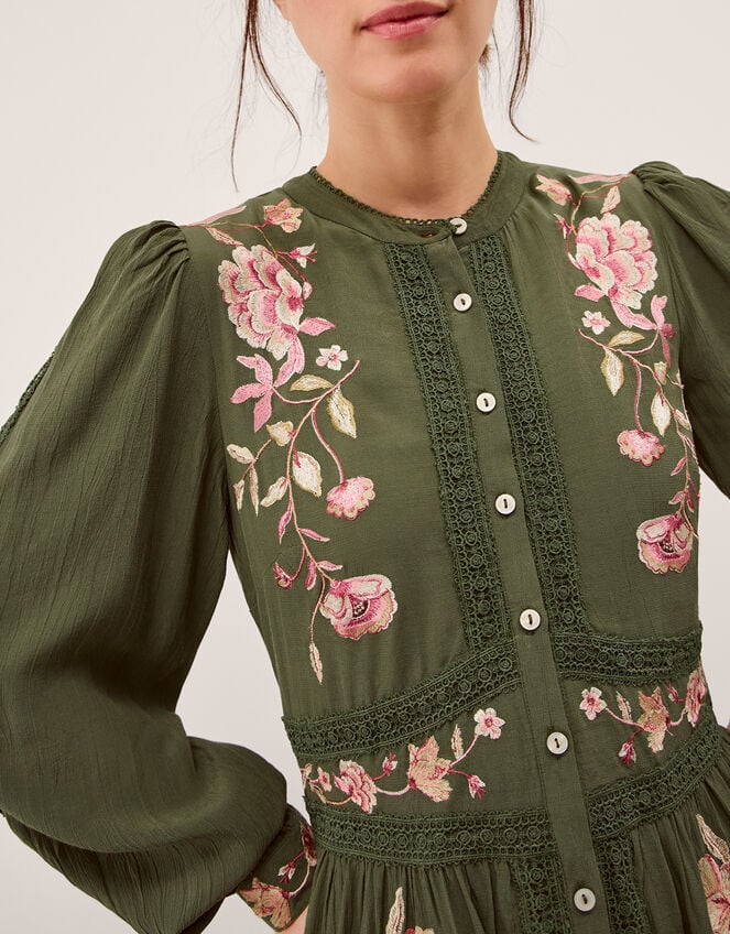 Amelie Floral Embroidered Midi Dress, Green (DARK GREEN), large