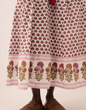 East Karmen Hand-Woodblock Floral Printed Cotton Waisted Midi Dress, Pink (PINK), large