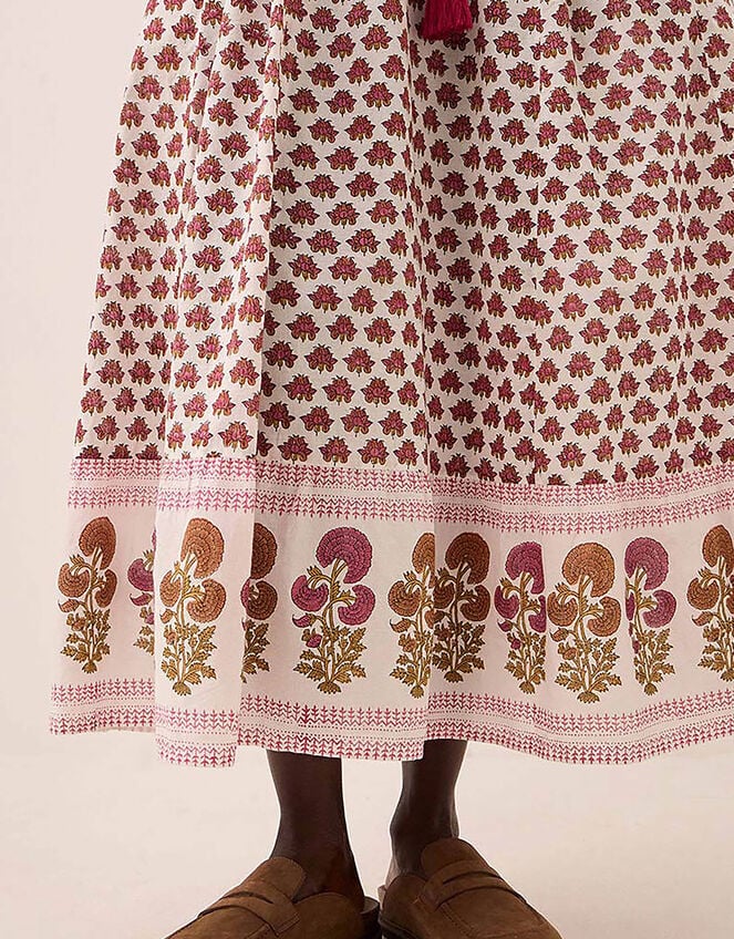 East Karmen Hand-Woodblock Floral Printed Cotton Waisted Midi Dress, Pink (PINK), large