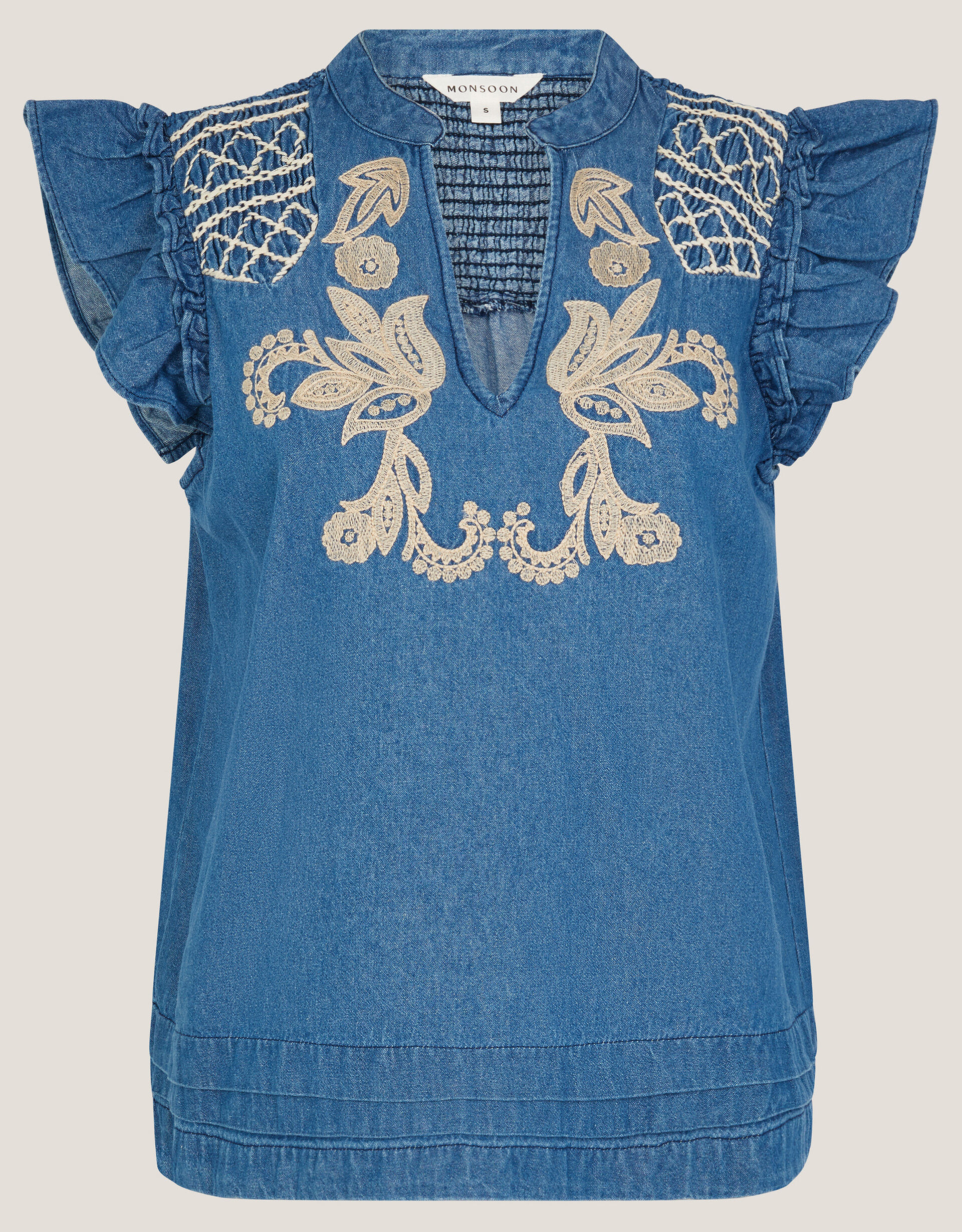 Holly Embroidered Denim Top Blue | Tops & T-shirts | Monsoon UK.