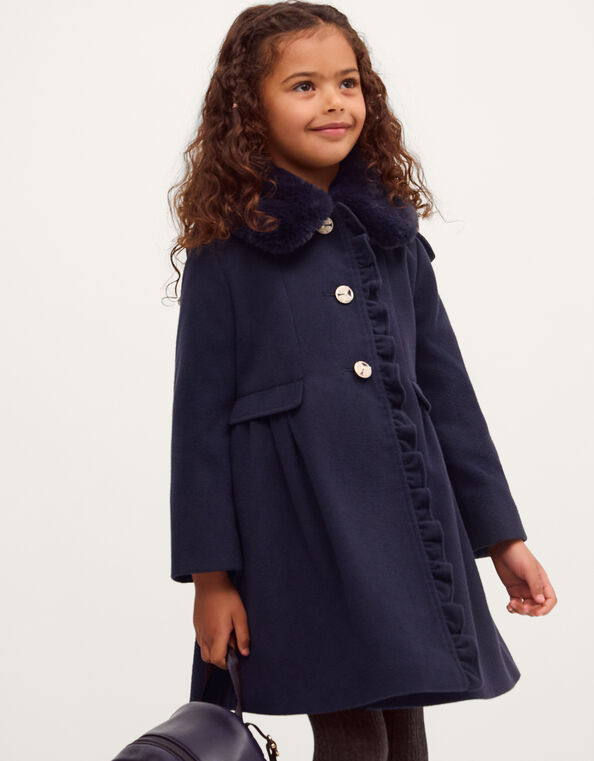 Faux Fur Collar Frill Coat, Blue (NAVY), large