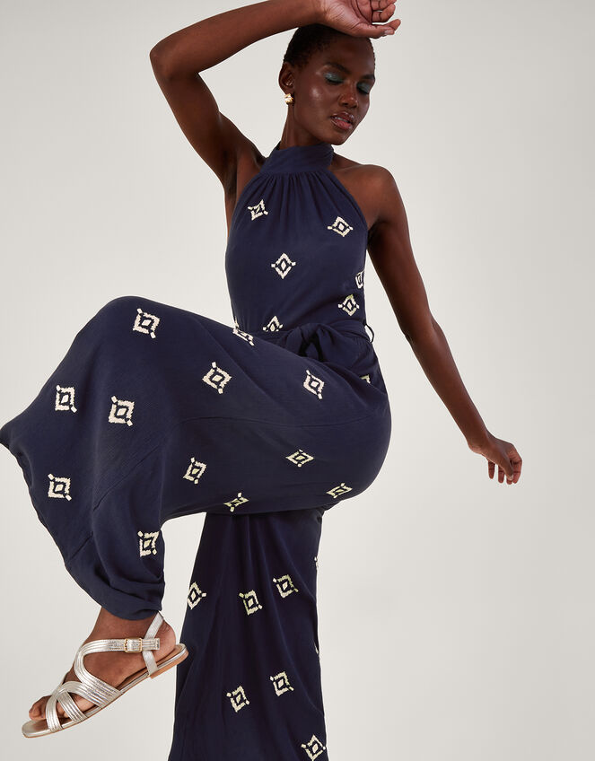 Embroidered Motif Halter Neck Jumpsuit, Blue (BLUE), large