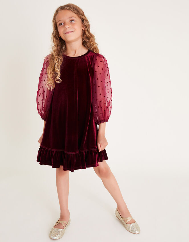 Noa Spotty Organza Sleeve Velvet Dress, Red (BURGUNDY), large