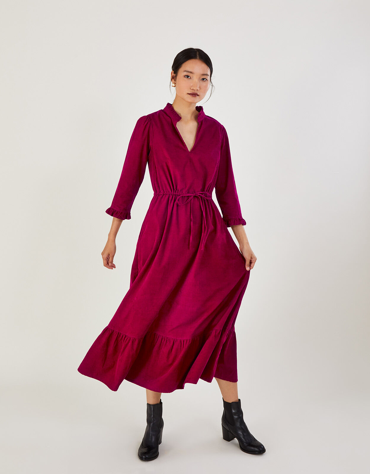 Cord Collared Tiered Dress in Sustainable Cotton Pink