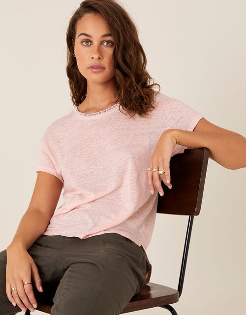 Embroidered Neck T-Shirt in Pure Linen, Pink (BLUSH), large
