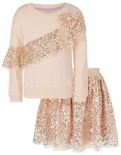 Sequin Sweatshirt and Skirt Set, Gold (ROSE GOLD), large