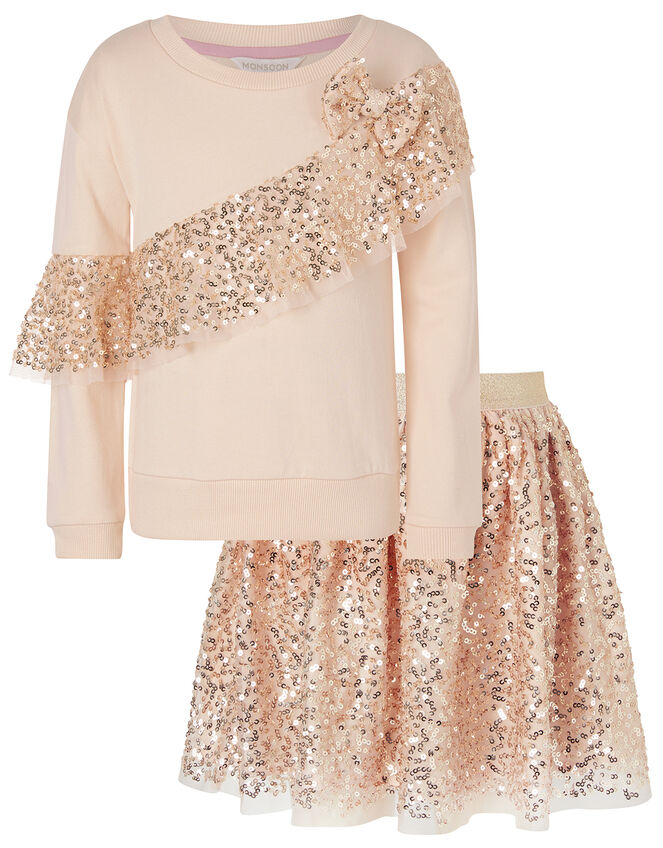 Sequin Sweatshirt and Skirt Set, Gold (ROSE GOLD), large