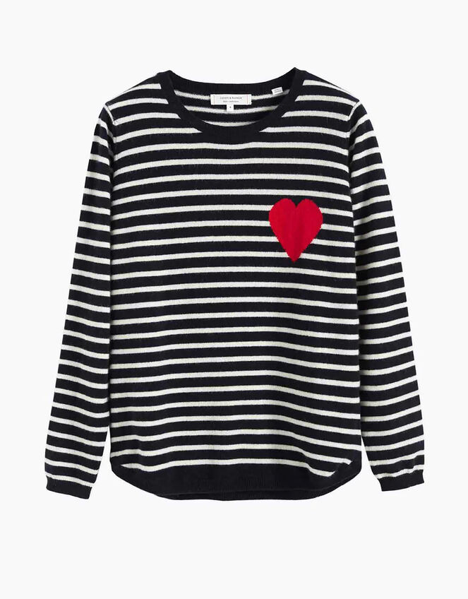 Chinti & Parker Heart Stripe Wool Jumper, Blue (NAVY), large