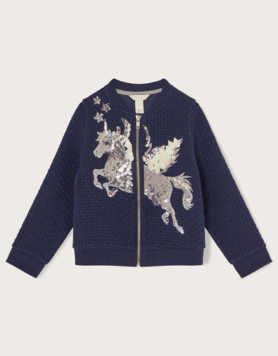 Sequin Unicorn Quilted Bomber Jacket, Blue (NAVY), large