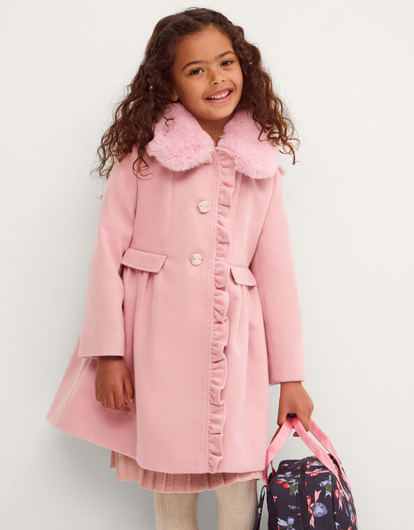 Faux Fur Collar Frill Coat, Pink (PINK), large