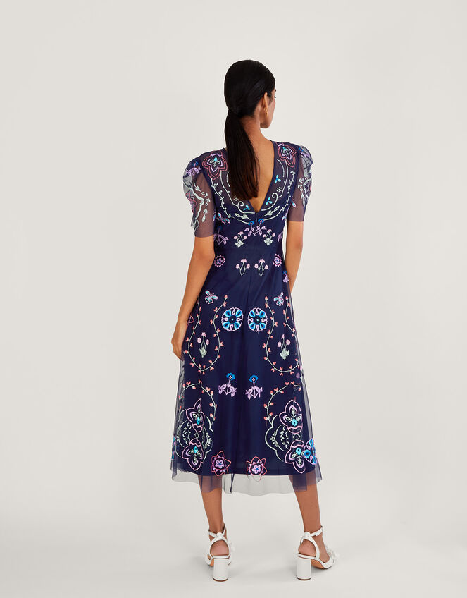 Leor Embroidered Midi Dress in Recycled Polyester Blue | Evening ...