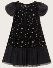 Star Velvet Ruffle Hem Dress, Black (BLACK), large