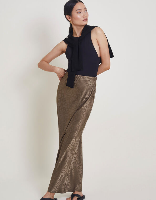 Amelia Print Satin Skirt, Brown (MOCHA), large