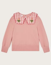 Floral Gingham Collar Sweatshirt, Pink (PINK), large