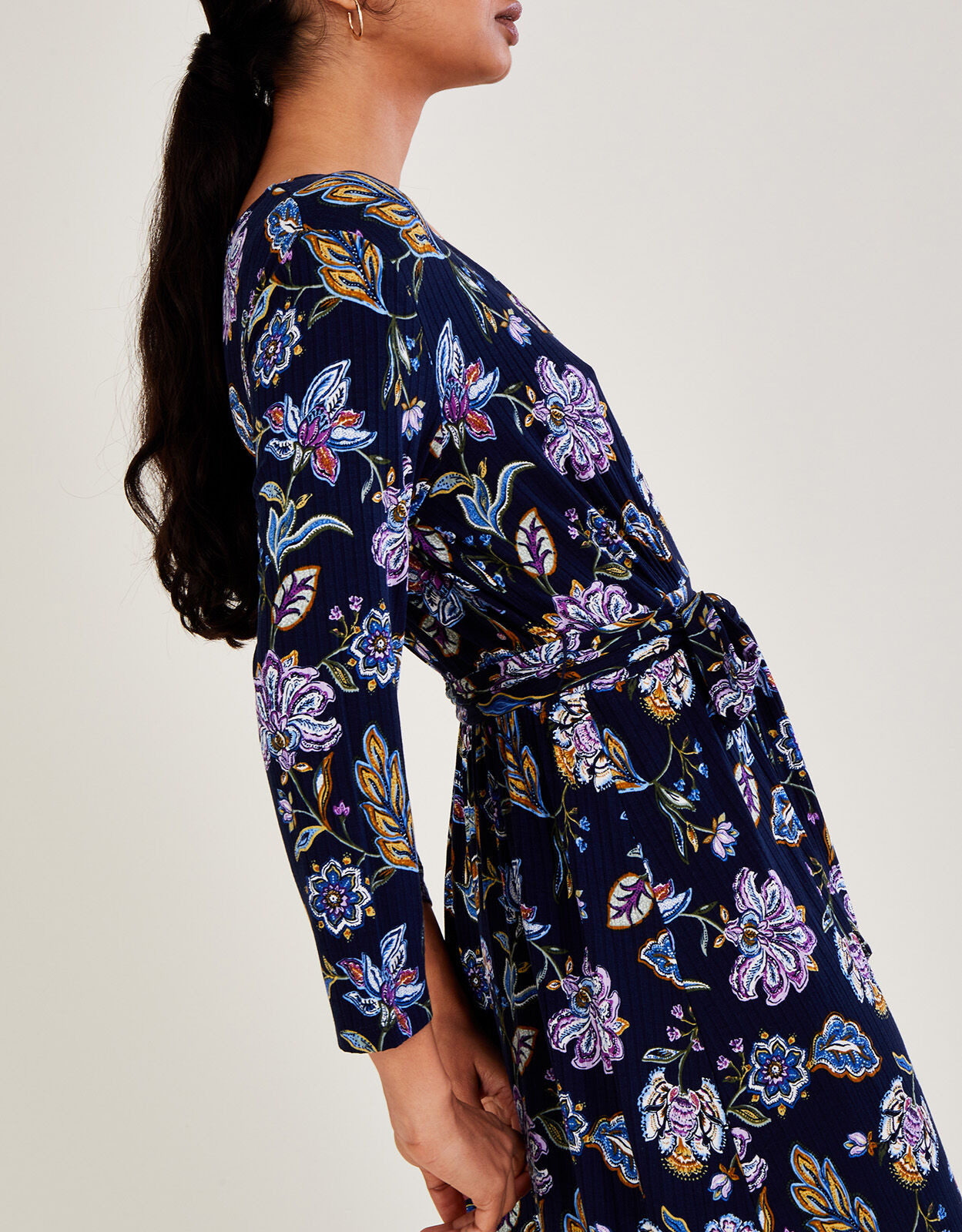 Ribbed Jersey Floral Wrap Dress Blue