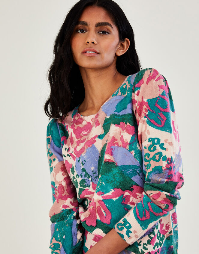 Floral Print Scallop Slash Neck Jumper, Pink (PINK), large
