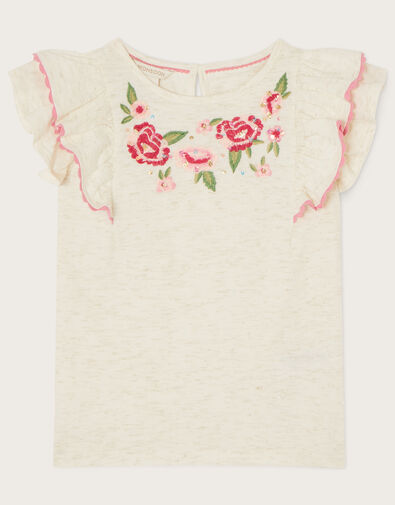 Embroidered Ruffle T-Shirt, Camel (OATMEAL), large