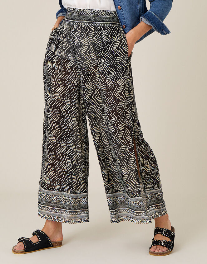 Geometric Print Split Side Culottes, Black (BLACK), large