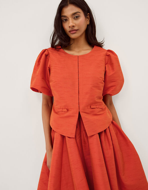 Mila Puff Sleeve Bow Jacket, Orange (ORANGE), large