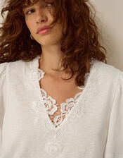 Layla V-Neck Lace Jersey Top, Ivory (IVORY), large