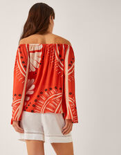 Nara Print Bardot Top, Orange (RUST), large