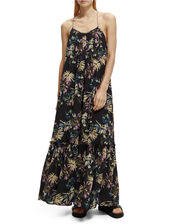Scotch and Soda Print Tiered Maxi Dress Shorter Length, Black (BLACK), large