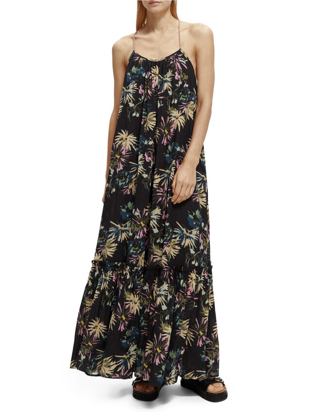Scotch and Soda Print Tiered Maxi Dress Shorter Length, Black (BLACK), large