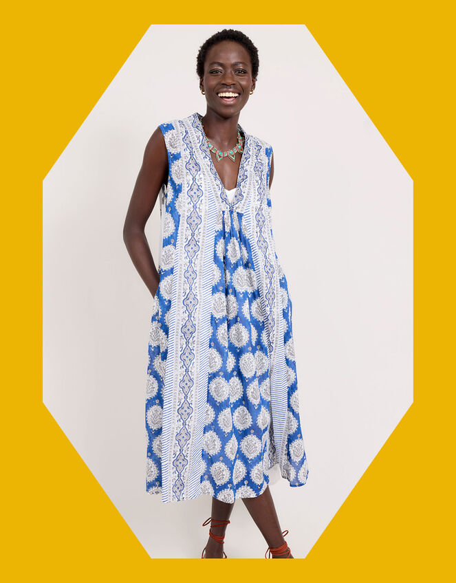 East Sleeveless Print Dress, Blue (BLUE), large