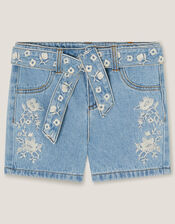 Floral Embroidered Belted Denim Shorts, Blue (BLUE), large
